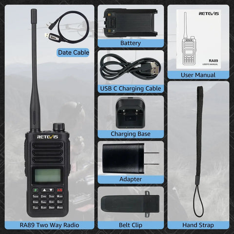 Rugged Dual Band Handheld Radio With IP68 Waterproofing, 2500mAh USB-C Battery, CHIRP Compatible Walkie Talkie and accessories.