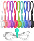 Multicolor Magnetic Cable Ties 10 Pack Reusable Cable Organizers for earbuds and cords, shown neatly arranged and wrapped.