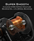 Zephyr Bait Finesse Baitcasting Reel with NMB spool bearings, carbon fiber construction, drag clicker version for smooth casting.