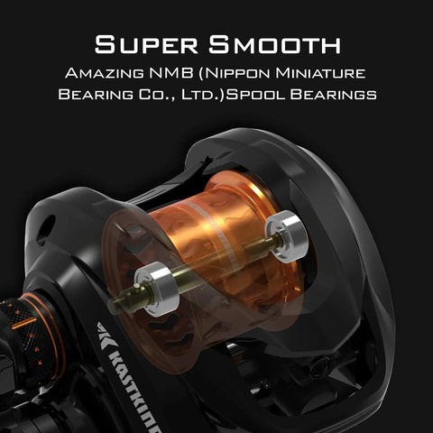 Zephyr Bait Finesse Baitcasting Reel with NMB spool bearings, carbon fiber construction, drag clicker version for smooth casting.