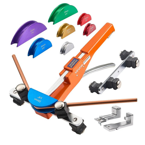 Copper And Aluminum Tubing Bender Kit One Quarter Inch To Seven Eighths Inch With Ratcheting Workhorse Pipe Bender Forward And Reverse Action Seven Color Dies For HVAC Air Conditioning Refrigeration