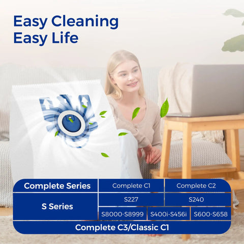 Nine Pack Vacuum Bag Set For Classic C1 C2 C3 And S Series Cleaners with woman sitting on sofa.