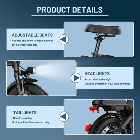 Foldable Electric Bike For Adults And Teens With 750W Peak Motor, 48V 10Ah Removable Battery, adjustable seats, headlights