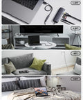 Various setups of USB C Extension Cable 20Gbps 240W 3.3ft Fast Charge And Data Sync Type C 3.2 3.1 in different lengths and uses.