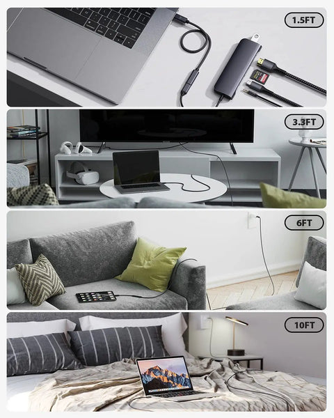 Various setups of USB C Extension Cable 20Gbps 240W 3.3ft Fast Charge And Data Sync Type C 3.2 3.1 in different lengths and uses.