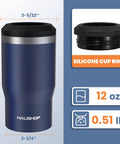 Hella Tough Navy Blue Four In One Insulated Stainless Steel Drink Koozie 12 oz with silicone cup ring and measurements.