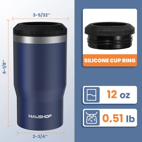 Hella Tough Navy Blue Four In One Insulated Stainless Steel Drink Koozie 12 oz with silicone cup ring and measurements.