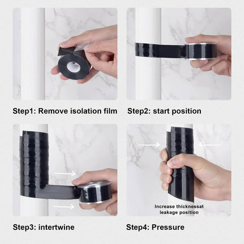 Two Rolls Self Fusing Silicone Tape 1 Inch By 10 Feet Black Weatherproof Pipe Repair Tape applied in four steps