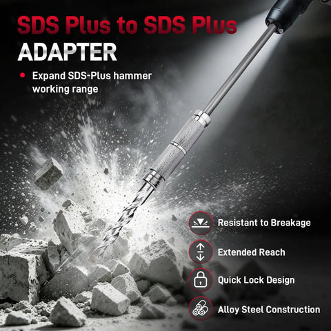 Built Tough Workhorse Sds Plus To Sds Plus Extension Shaft With 10 Inch Rotary Hammer Adapter shown drilling through concrete.