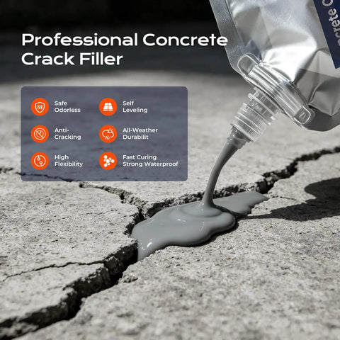 Self Leveling Concrete Crack Filler Two Pack Fast Curing Watersealer pouring into crack in concrete, showcasing waterproof qualities.