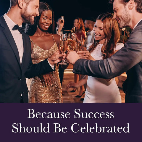 Group of elegantly dressed people toasting champagne at a celebration event with the text 'Because Success Should Be Celebrated'