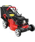 Powerful 140cc Self Propelled Gas Lawn Mower With 20 Inch Blade And 8 Position Adjustable Cutting Height For Large Yards And Estates Easy Start Rugged Steel Deck Mulching Capable No Sweat Mowing, red steel deck