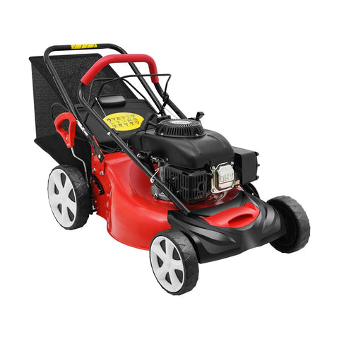 Powerful 140cc Self Propelled Gas Lawn Mower With 20 Inch Blade And 8 Position Adjustable Cutting Height For Large Yards And Estates Easy Start Rugged Steel Deck Mulching Capable No Sweat Mowing, red steel deck