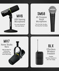 Four Shure microphone models including MV6, SM58, MV7, and BLX, neatly arranged on a grey background.