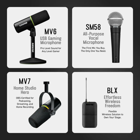 Four Shure microphone models including MV6, SM58, MV7, and BLX, neatly arranged on a grey background.