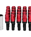 Rock Out With These 21 PC Extended Lug Kit Nuts Featuring M14x15 Thread Fitment For Serious Auto Mods and Style Upgrades That Slam Your Ride Down Low With Maximum Grip And Durability On The Block. Red steel M14x1.5 extended lug nuts with socket