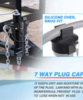 Heavy Duty Trailer Towing Organizer With Aluminum Chain Holder And 7 Way Plug Cover on tongue jack close-up