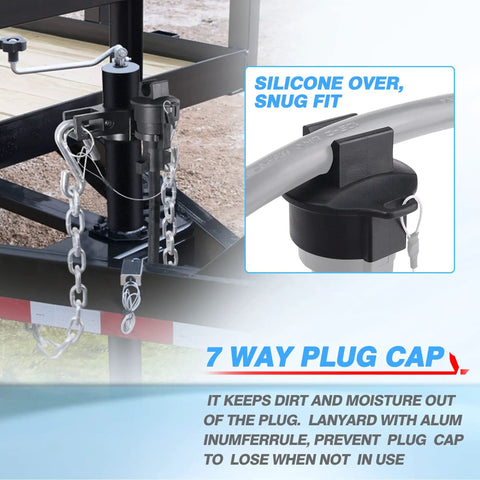 Heavy Duty Trailer Towing Organizer With Aluminum Chain Holder And 7 Way Plug Cover on tongue jack close-up