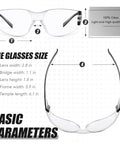Diagram of 48 Pairs Safety Glasses Protective Eyewear Goggles For Work And Home, showing dimensions and black frames with clear lenses