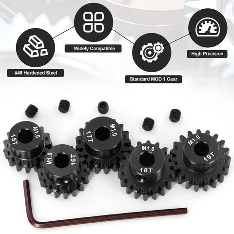 Beefed Up High Speed Pinion Gear Set 15T 16T 17T 18T 19T 5mm Bore Hardened Steel For One Eighth And One Tenth Scale RC Buggy SCT Stadium Truck