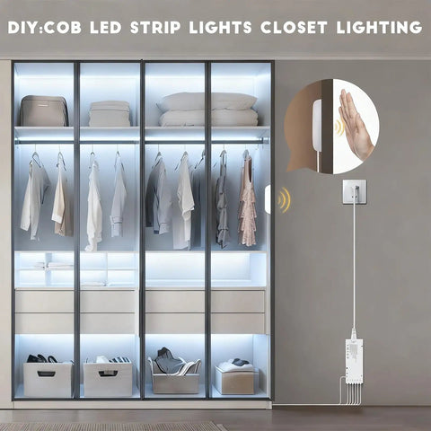 Dope 12V COB LED Strip Lights Kit With Six In One Self Adhesive Under Cabinet Lighting installed in wardrobe with dimmable switch