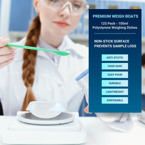 Disposable 100ml Weigh Boats 125 Pack Anti Static Square Trays For Scale And Lab Weighing Dishes in use on lab scale