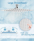Ceiling Mount Shower System With 12 Inch Rainfall Head, Handheld Spray, And Waterfall Tub Spout 3 Function Brass Faucet Set In Polished Chrome For High Pressure Durable Build Easy Install showing large showerhead with self-cleaning holes