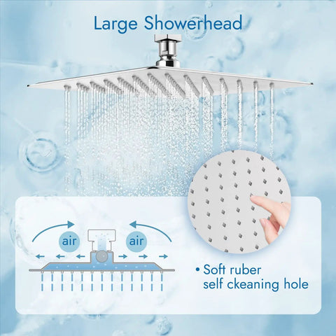 Ceiling Mount Shower System With 12 Inch Rainfall Head, Handheld Spray, And Waterfall Tub Spout 3 Function Brass Faucet Set In Polished Chrome For High Pressure Durable Build Easy Install showing large showerhead with self-cleaning holes