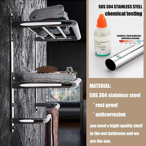 Three Tier Wall Mount Bathroom Shelf With Towel Bars Heavy Duty Stainless Steel Rack Rust Proof Chrome Finish No Fuss Install Wall Mounted Storage Organizer For Bath And Spa