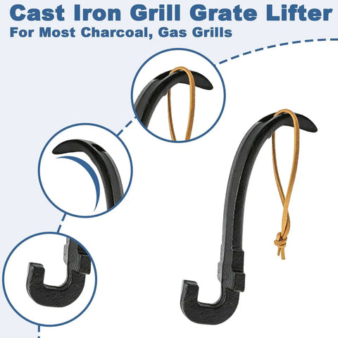 Heavy Duty Cast Iron Grill Grate Lifter For Easy No Sweat Lifting Of Heavy Grates On Charcoal And Gas Grills Universal Fit For Most Grills 8 Inch