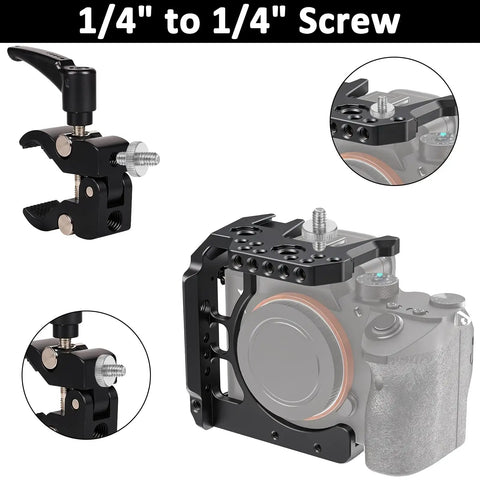 Heavy Duty Dual End Camera Tripod Screw 1/4 20 Male To Male 4 Pack attached to camera rig with clamp and screw detail.