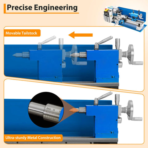 Movable tailstock of the 9 Inch Benchtop Metal Lathe With 1100W Variable Speed Motor, showcasing precision metal construction.