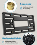 Universal Front License Plate Holder Bracket Kit with copper threaded inserts and stainless steel zip ties, ABS plastic frame.