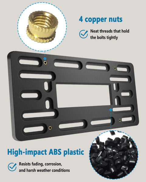 Universal Front License Plate Holder Bracket Kit with copper threaded inserts and stainless steel zip ties, ABS plastic frame.