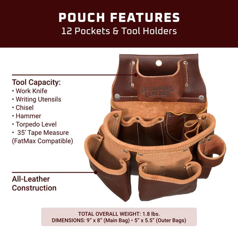 Cafe Color Pro Tool Bag With Tape Holder, 3 Pouch Design, 12 Pockets and Tool Holders, all-leather, USA-made