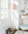 Pink Fringe Shade Floor Lamp In Gold Leaf Finish, Down Bridge Steel Lamp With Three Tier Fringe Shade, Classic Boudoir Style For Dressing Room Or Living Area, Built In Line Switch in living room corner
