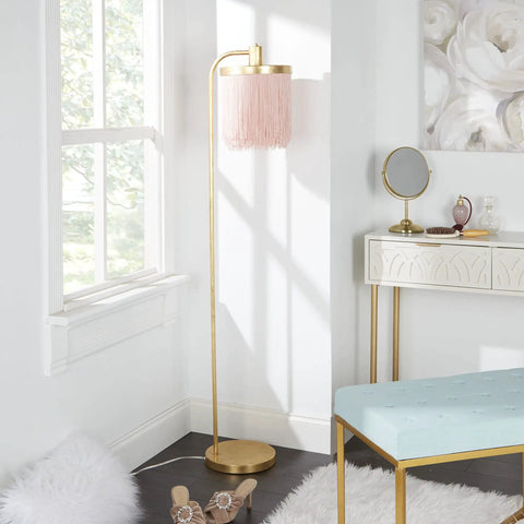 Pink Fringe Shade Floor Lamp In Gold Leaf Finish, Down Bridge Steel Lamp With Three Tier Fringe Shade, Classic Boudoir Style For Dressing Room Or Living Area, Built In Line Switch in living room corner