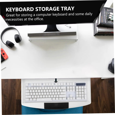 Slick Slide Out Under Desk Keyboard Tray With Heavy Duty Clamp Mount Brings Zero Clutter To Your Workspace Buttery Smooth Operation Keeps Keyboard And Mouse Drawer Gliding Effortlessly Takes Wrist Pain Off Your Plate Daily visible on a modern desk with headphones and a monitor.