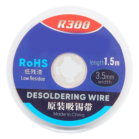 Blue spool of desoldering wire, 1.5m length, 3.5mm width, with R300 label, low residue, made in China, Copper Desoldering Wick Half Meter For Electronics