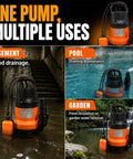 Grab And Go Submersible Utility Pump With Automatic Float Switch No Sweat Water Extractor For Garden Ponds And Pool Draining Plus Basement Flood Cleanup One Half HP 1320 GPH Handles Dirty Or Clean Water Smoothly Uses 20 Foot Cord in basement, pool, and garden settings.