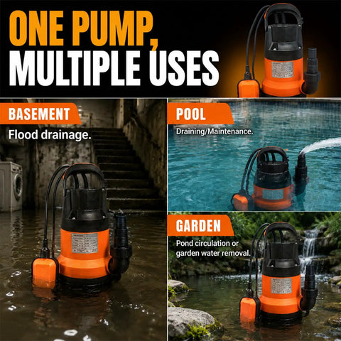 Grab And Go Submersible Utility Pump With Automatic Float Switch No Sweat Water Extractor For Garden Ponds And Pool Draining Plus Basement Flood Cleanup One Half HP 1320 GPH Handles Dirty Or Clean Water Smoothly Uses 20 Foot Cord in basement, pool, and garden settings.