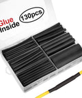 130 Piece Dual Wall Heat Shrink Tubing Kit For DIY With Six Diameters From One Half Inch To Three Thirty Second Inch And A 3 To 1 Shrink Ratio Premium Wire Cable Sleeve Tubing With Storage Case Black displayed with open case showing black tubes and yellow wire example.