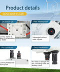 Product details showing 32A DC 1200V Solar Disconnect Isolator Switch With IP66 Waterproof Enclosure And PV Connector features