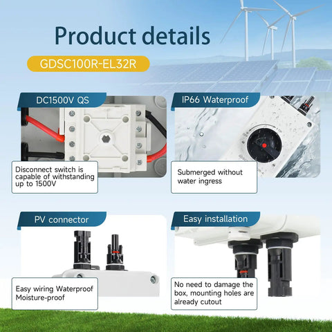 Product details showing 32A DC 1200V Solar Disconnect Isolator Switch With IP66 Waterproof Enclosure And PV Connector features