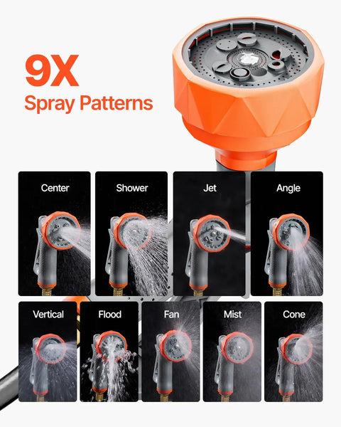 Nine spray patterns for Retractable Garden Hose Reel Wall Mount 100 Ft Hose With Five Eighth Inch Diameter nozzle displayed