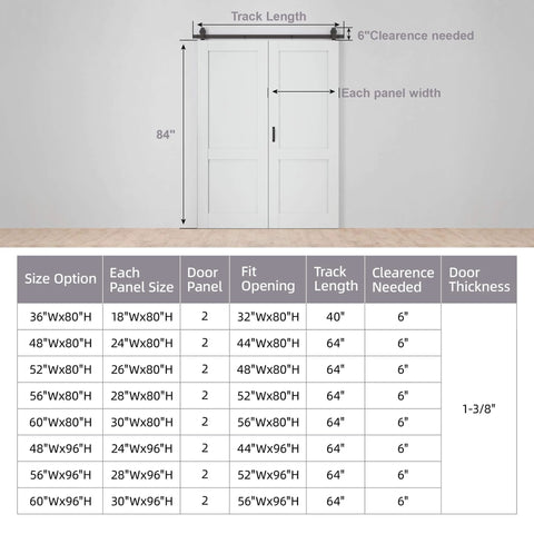 48 By 80 Inch Bifold Barn Door With 64 Inch Track Hardware Two Lite White Primed MDF Panels One And Three Eighths Inch Thick Solid Core Sound Insulated Pre Drilled Space Saving Sliding Door For Laundry Room Or Bedroom with size chart and installation guide.