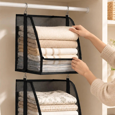 Hangable Closet Shelf Organizer With Soft Fabric Storage Bin to Safeguard Delicate Threads Tidy Dorm Rooms and Small Spaces, displaying neatly stacked towels.