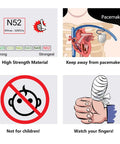 Warnings about N52 strong magnets: pacemaker risk, child safety, and finger injury precautions