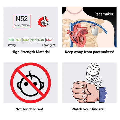 Warnings about N52 strong magnets: pacemaker risk, child safety, and finger injury precautions