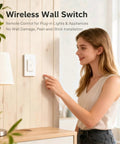 Woman using Wireless Remote Outlet Switch Kit With 656 Foot Range No Wiring Required Pre Programmed on wall